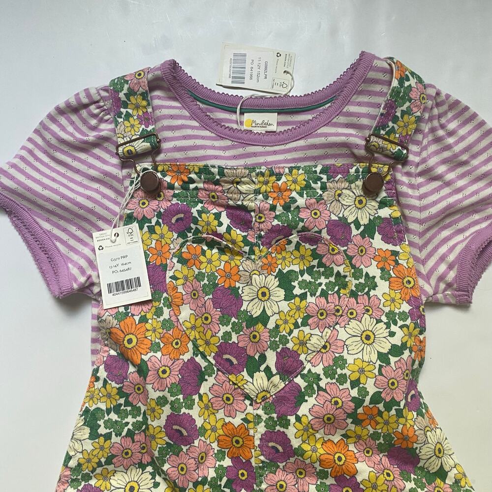 NEW Mini Boden Purple Striped Pointelle Shirt & Floral Shortall Overalls